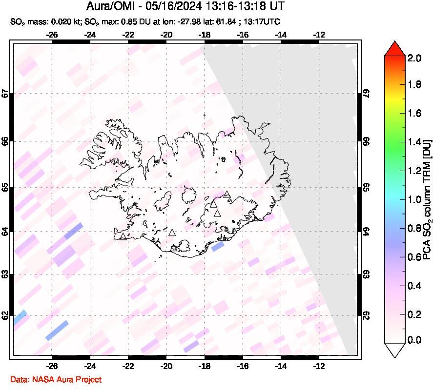 A sulfur dioxide image over Iceland on May 16, 2024.