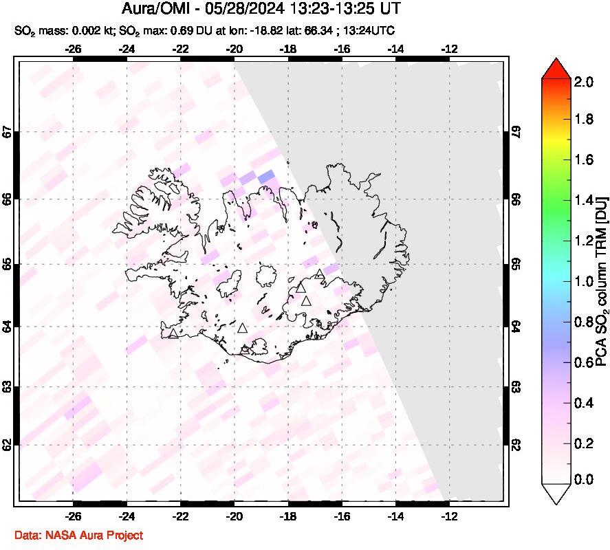 A sulfur dioxide image over Iceland on May 28, 2024.
