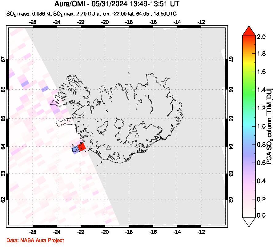 A sulfur dioxide image over Iceland on May 31, 2024.