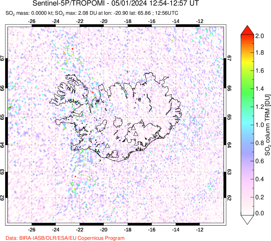 A sulfur dioxide image over Iceland on May 01, 2024.