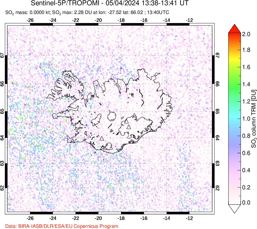 A sulfur dioxide image over Iceland on May 04, 2024.