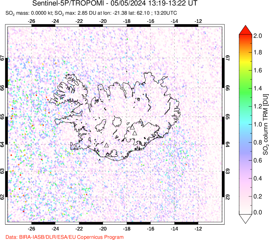 A sulfur dioxide image over Iceland on May 05, 2024.