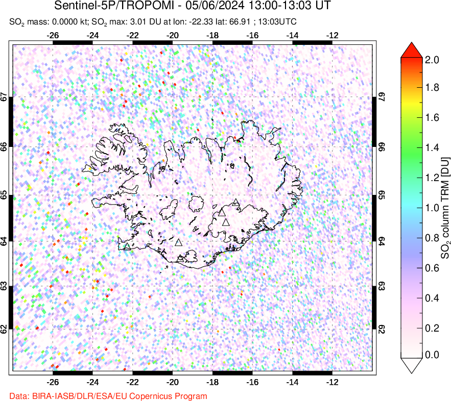 A sulfur dioxide image over Iceland on May 06, 2024.