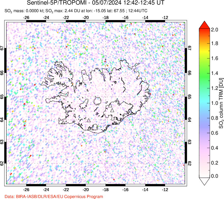 A sulfur dioxide image over Iceland on May 07, 2024.