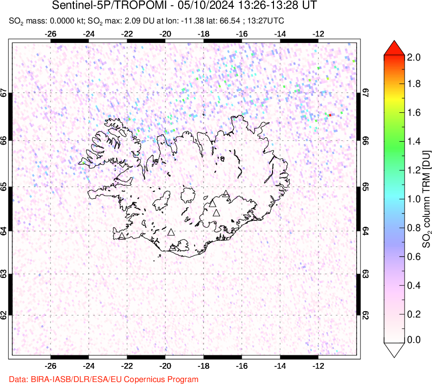 A sulfur dioxide image over Iceland on May 10, 2024.