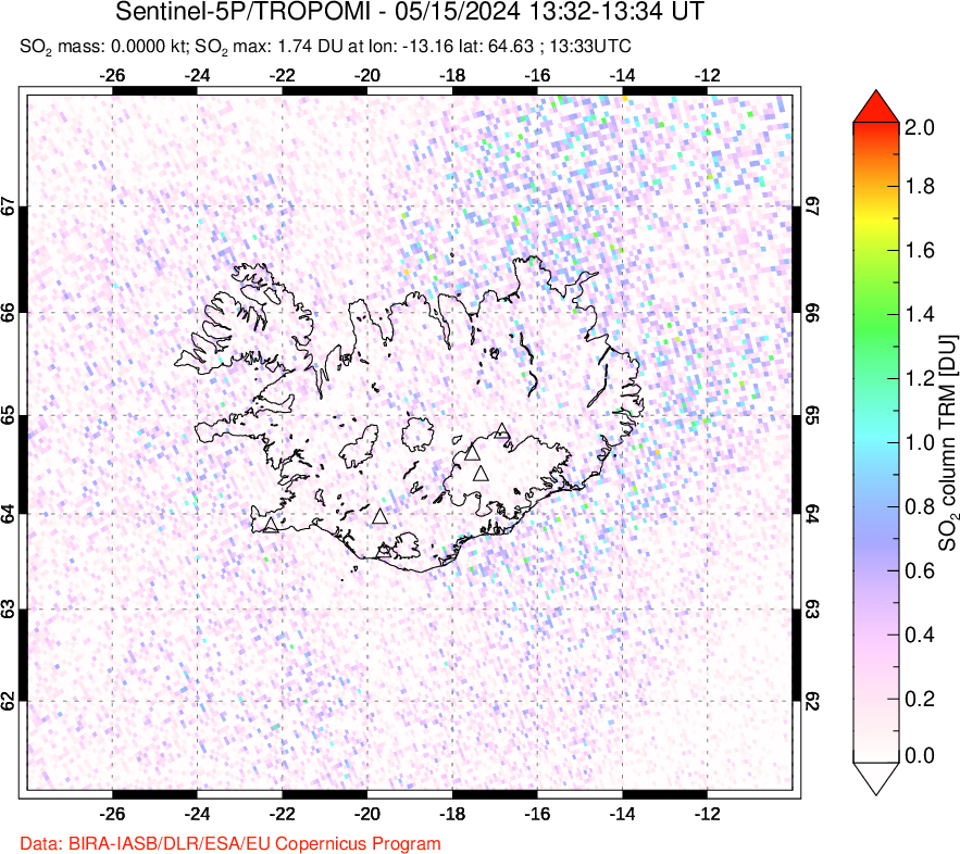 A sulfur dioxide image over Iceland on May 15, 2024.