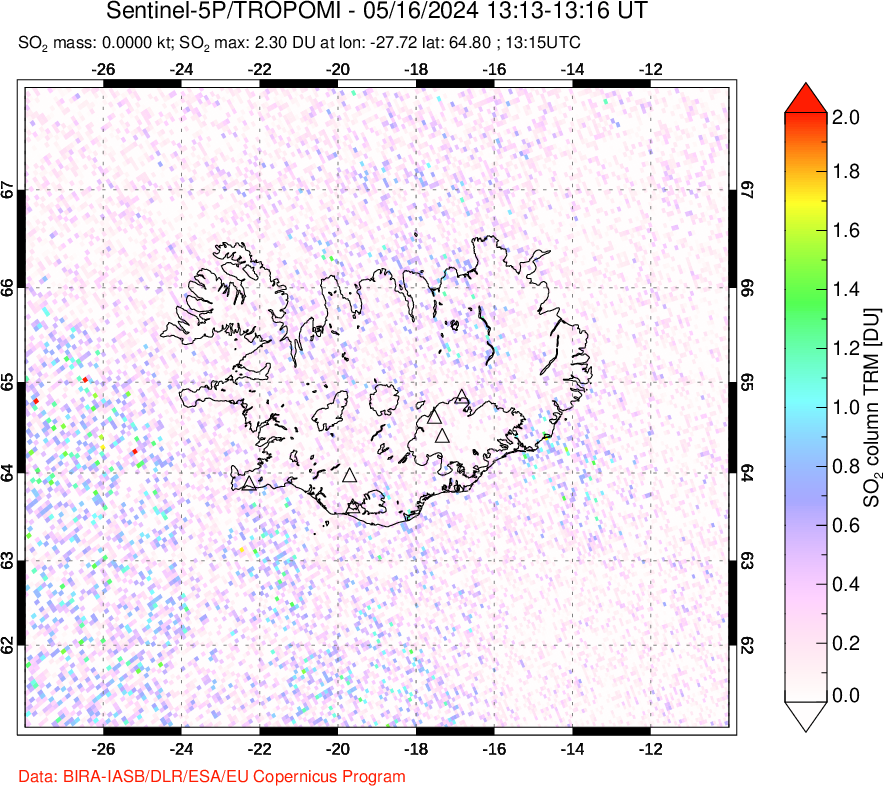 A sulfur dioxide image over Iceland on May 16, 2024.