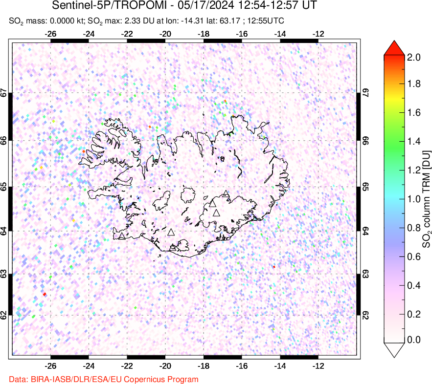 A sulfur dioxide image over Iceland on May 17, 2024.