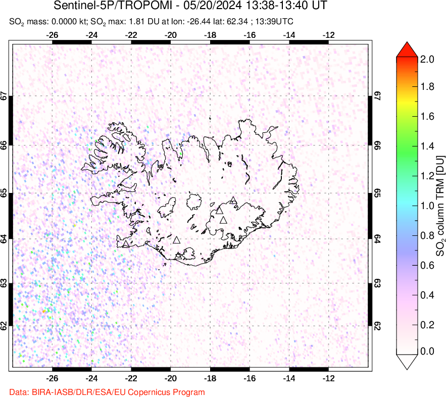 A sulfur dioxide image over Iceland on May 20, 2024.