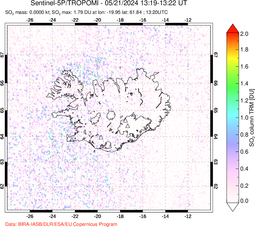 A sulfur dioxide image over Iceland on May 21, 2024.