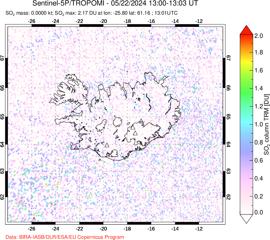 A sulfur dioxide image over Iceland on May 22, 2024.