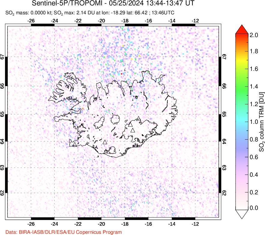 A sulfur dioxide image over Iceland on May 25, 2024.