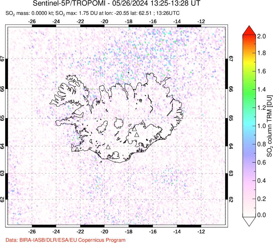 A sulfur dioxide image over Iceland on May 26, 2024.