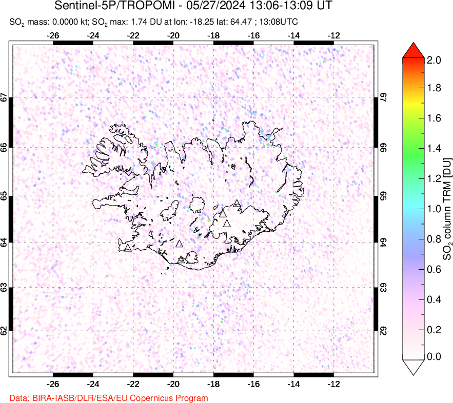 A sulfur dioxide image over Iceland on May 27, 2024.