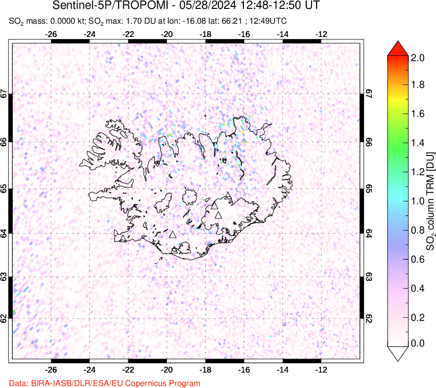 A sulfur dioxide image over Iceland on May 28, 2024.