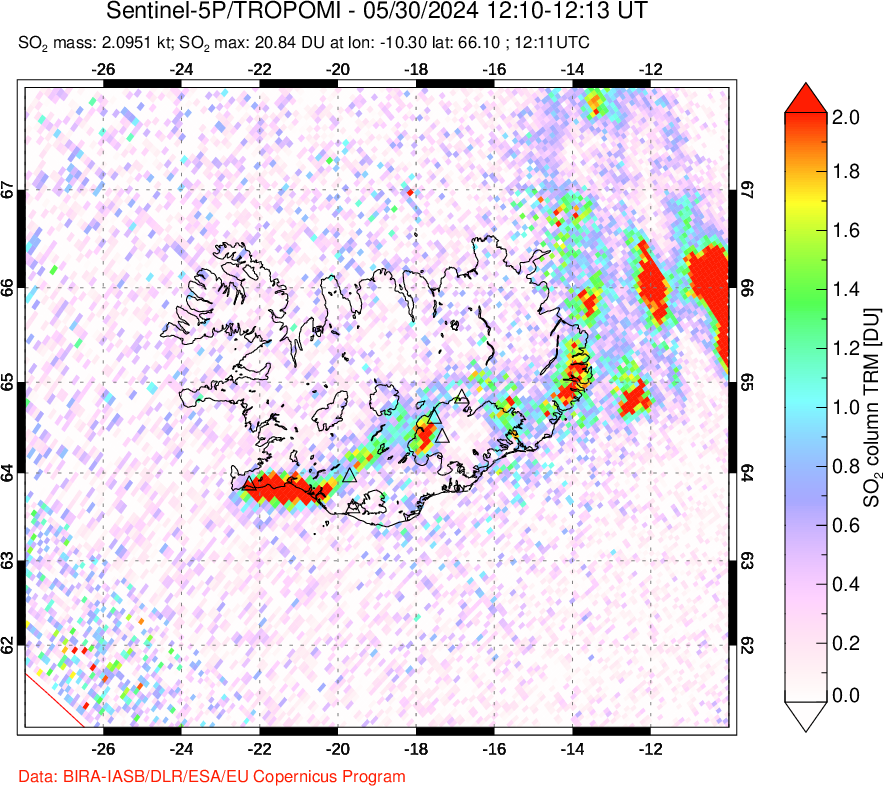 A sulfur dioxide image over Iceland on May 30, 2024.