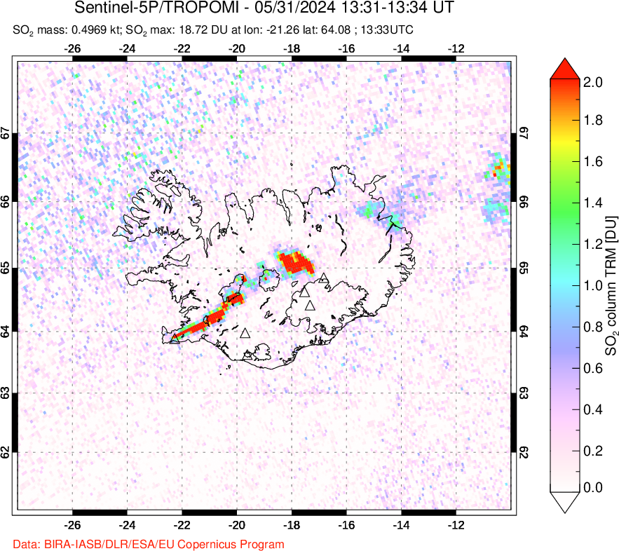 A sulfur dioxide image over Iceland on May 31, 2024.