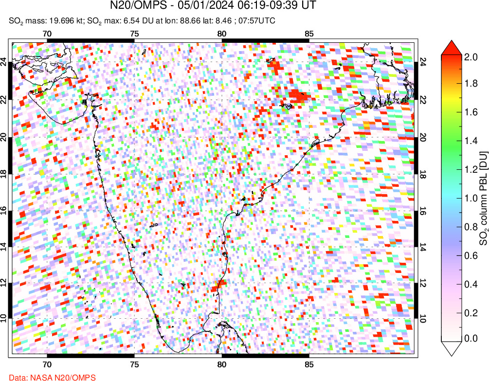 A sulfur dioxide image over India on May 01, 2024.