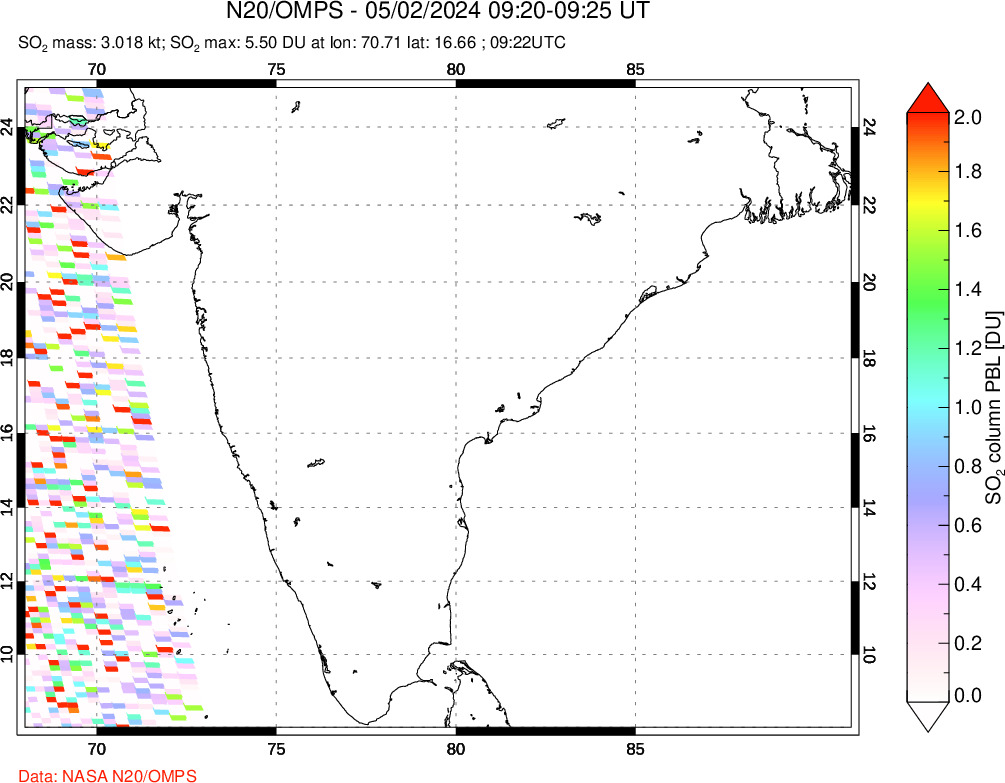 A sulfur dioxide image over India on May 02, 2024.