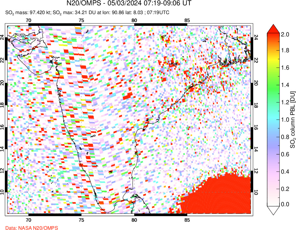 A sulfur dioxide image over India on May 03, 2024.