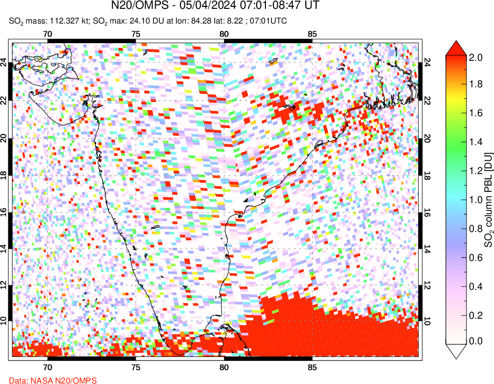 A sulfur dioxide image over India on May 04, 2024.