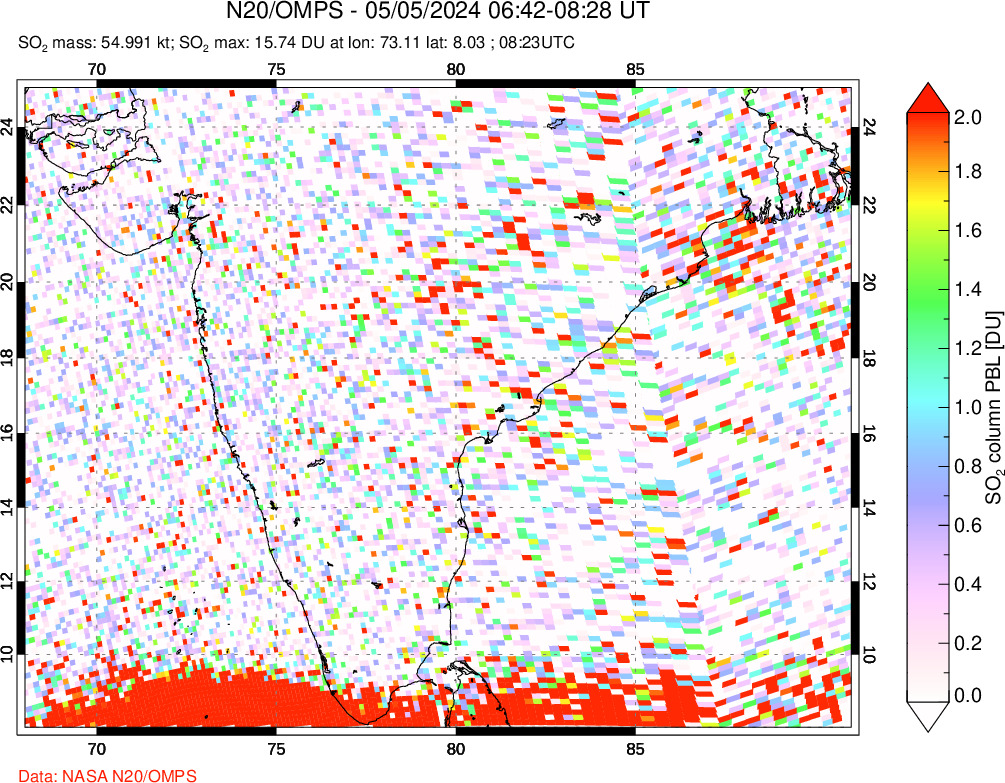 A sulfur dioxide image over India on May 05, 2024.