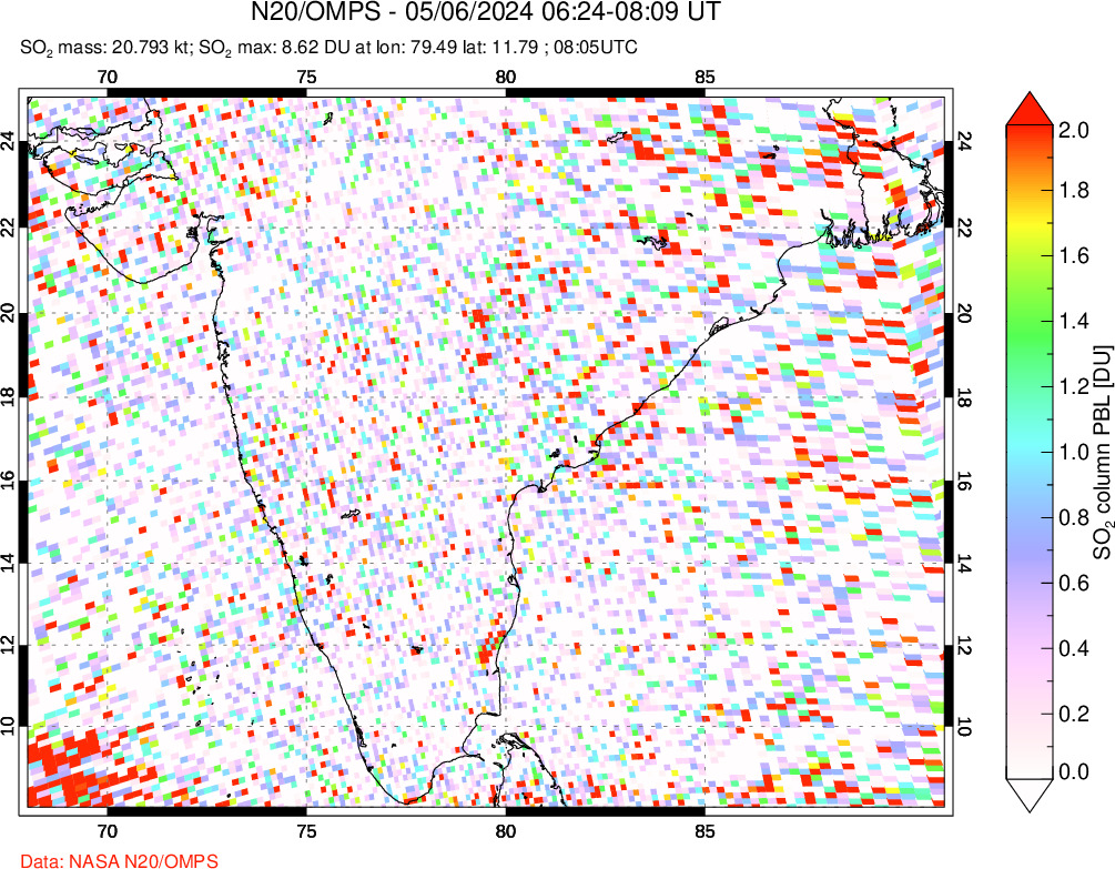 A sulfur dioxide image over India on May 06, 2024.