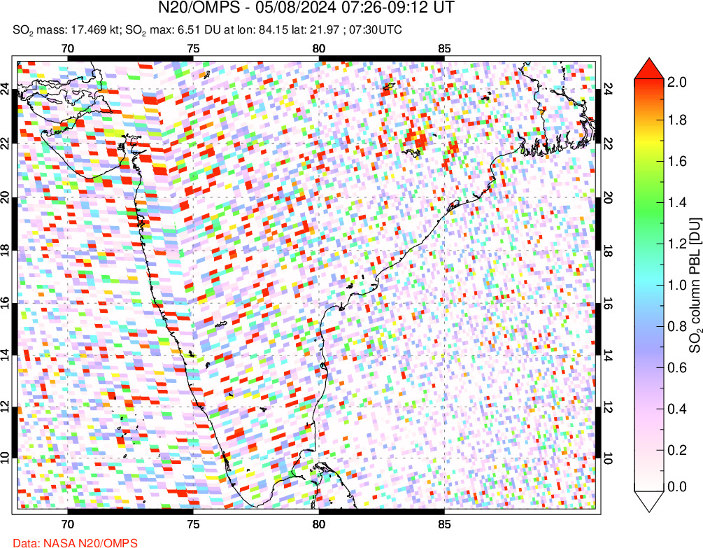 A sulfur dioxide image over India on May 08, 2024.