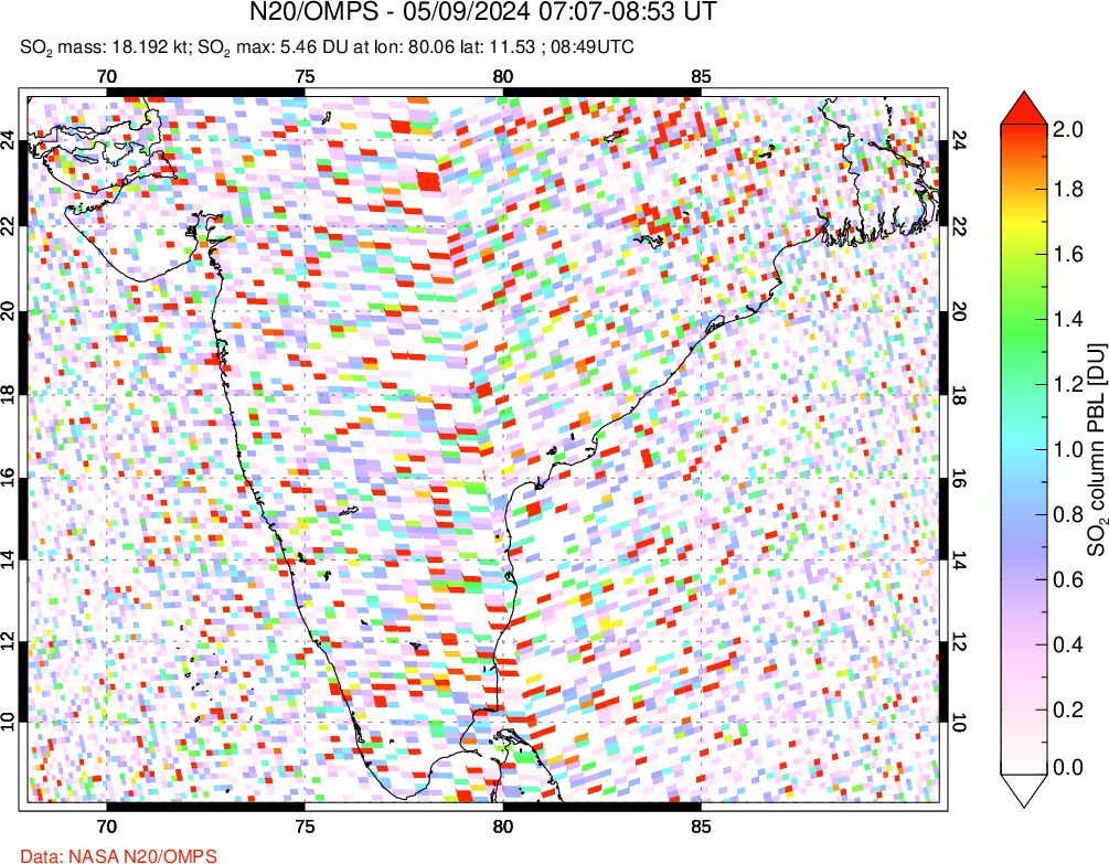 A sulfur dioxide image over India on May 09, 2024.