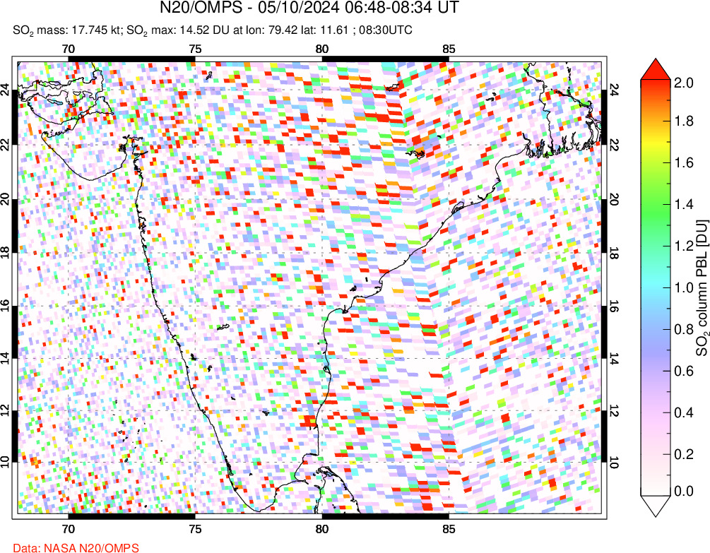 A sulfur dioxide image over India on May 10, 2024.