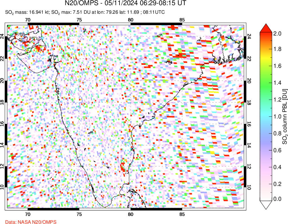 A sulfur dioxide image over India on May 11, 2024.