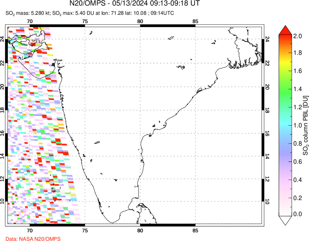 A sulfur dioxide image over India on May 13, 2024.