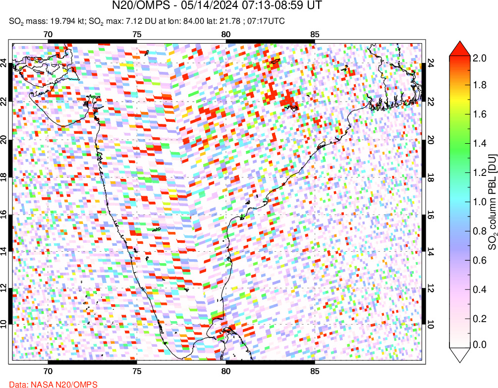 A sulfur dioxide image over India on May 14, 2024.