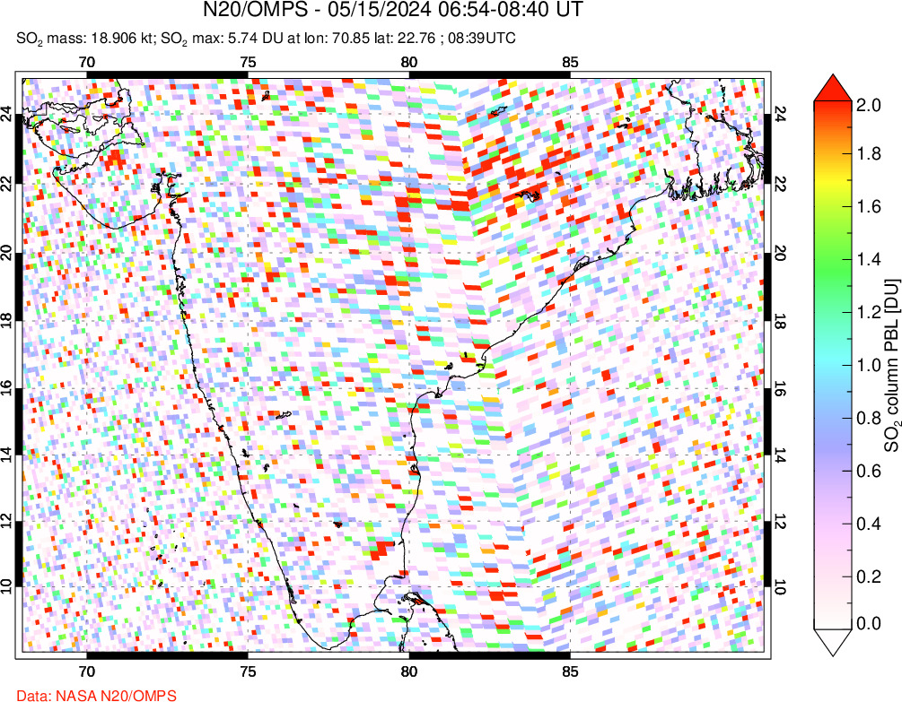 A sulfur dioxide image over India on May 15, 2024.