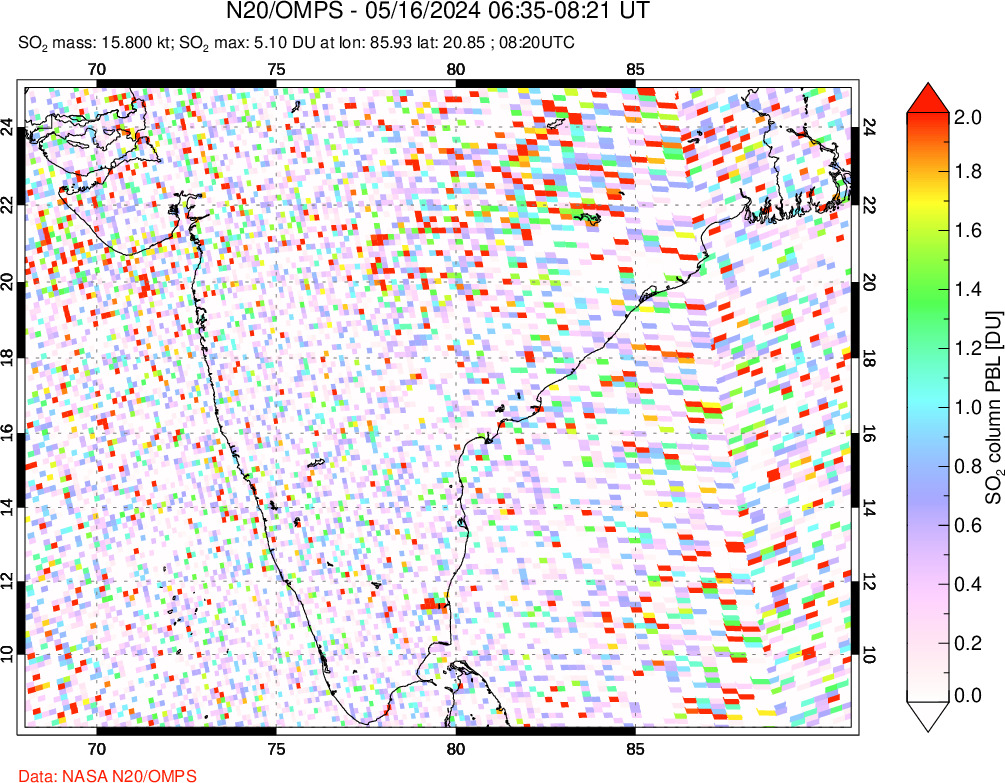 A sulfur dioxide image over India on May 16, 2024.