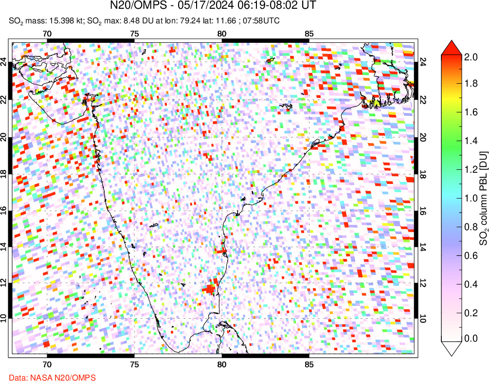 A sulfur dioxide image over India on May 17, 2024.