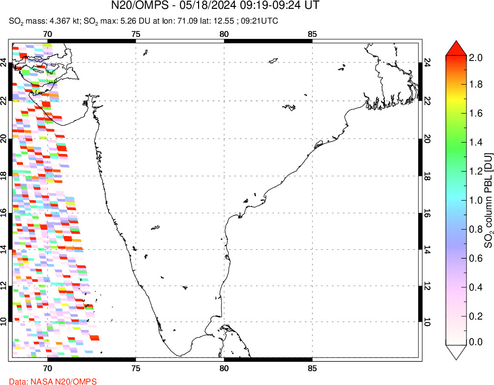 A sulfur dioxide image over India on May 18, 2024.