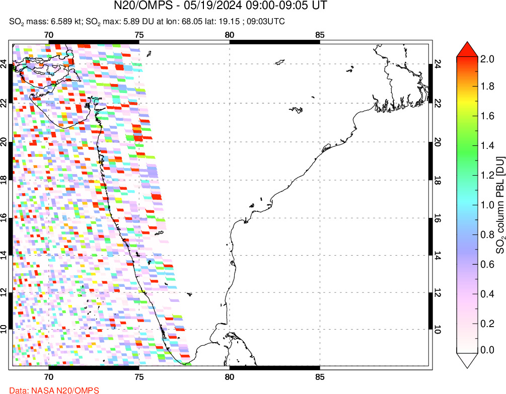 A sulfur dioxide image over India on May 19, 2024.