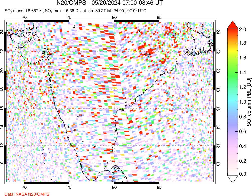 A sulfur dioxide image over India on May 20, 2024.