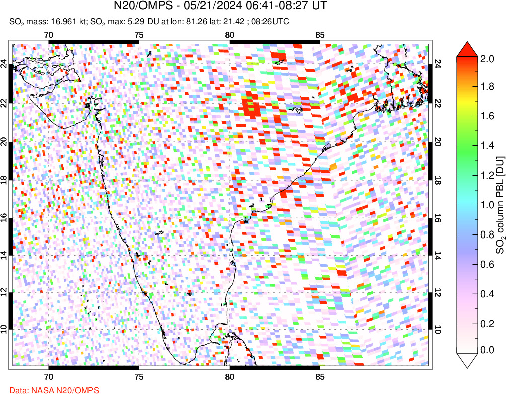 A sulfur dioxide image over India on May 21, 2024.