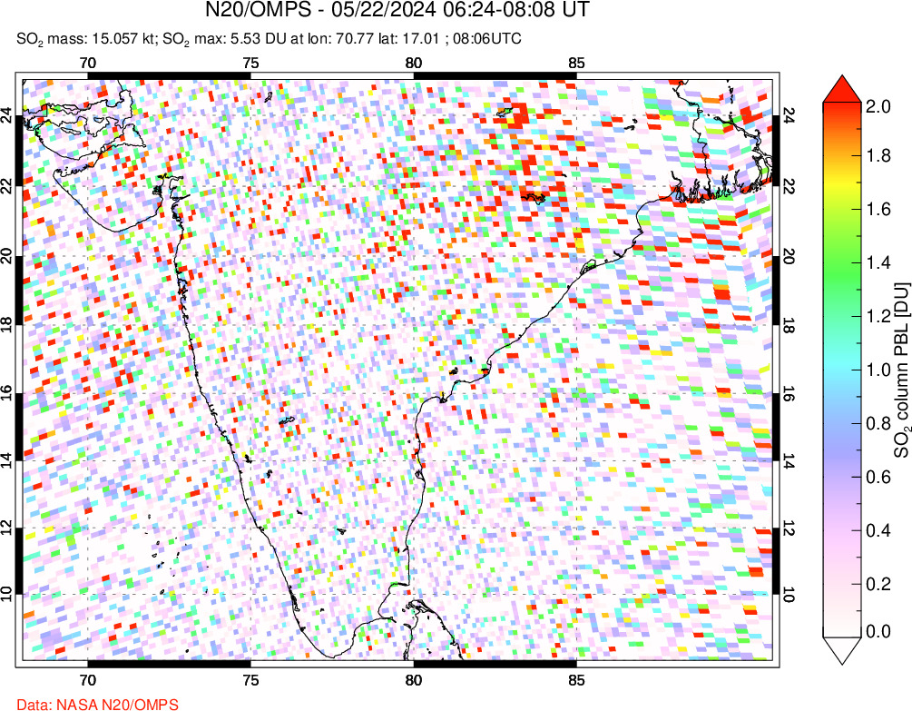 A sulfur dioxide image over India on May 22, 2024.