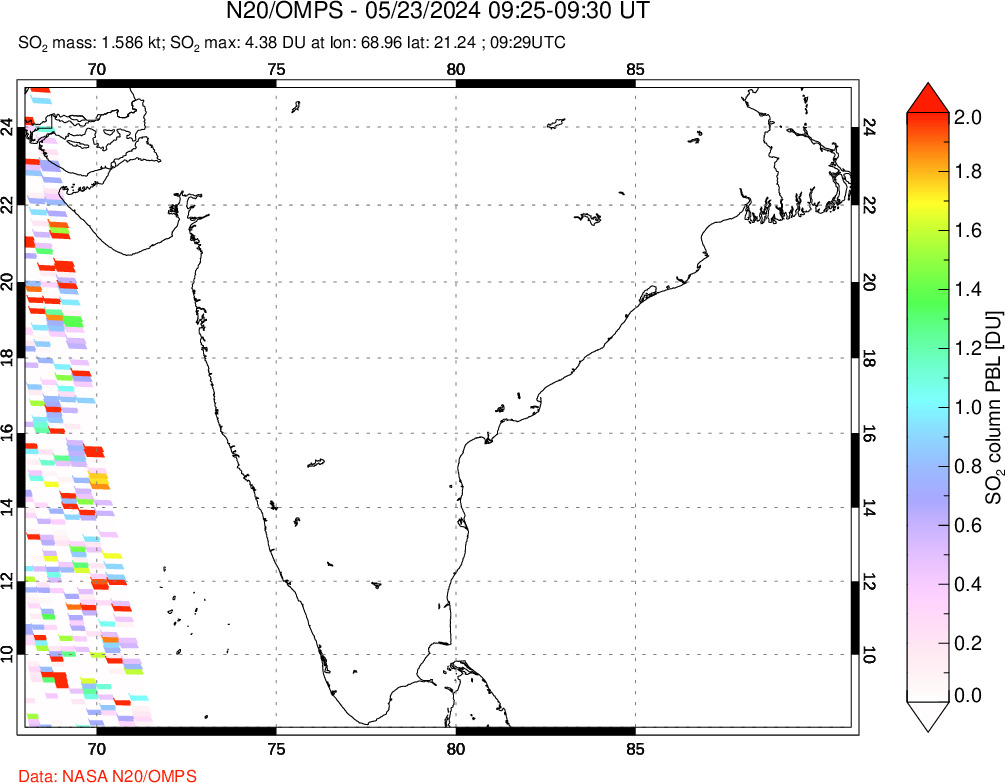 A sulfur dioxide image over India on May 23, 2024.