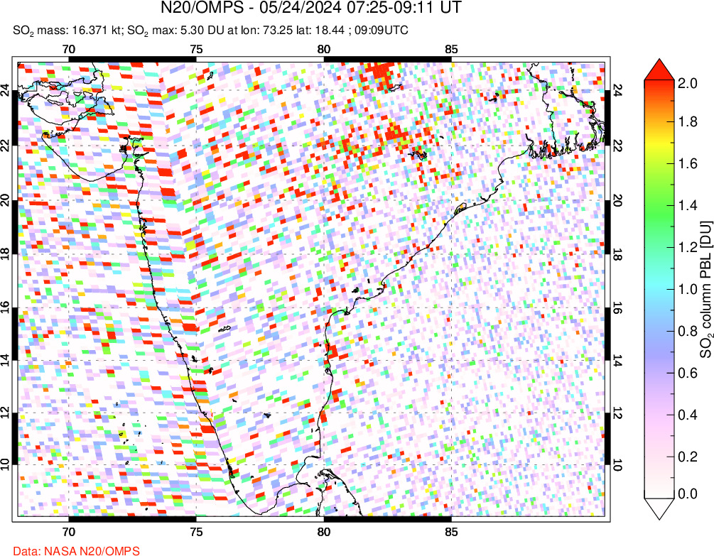 A sulfur dioxide image over India on May 24, 2024.