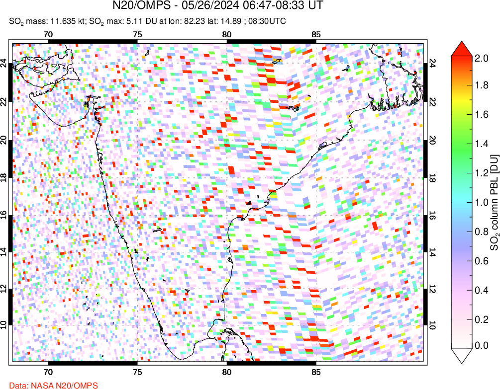 A sulfur dioxide image over India on May 26, 2024.