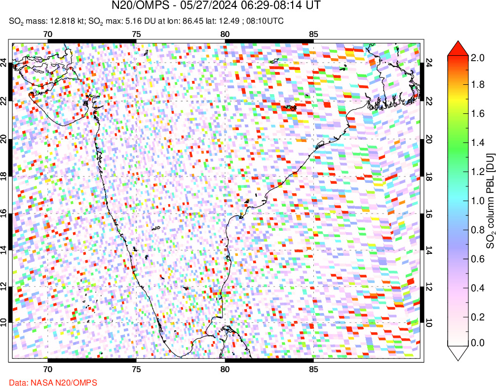 A sulfur dioxide image over India on May 27, 2024.