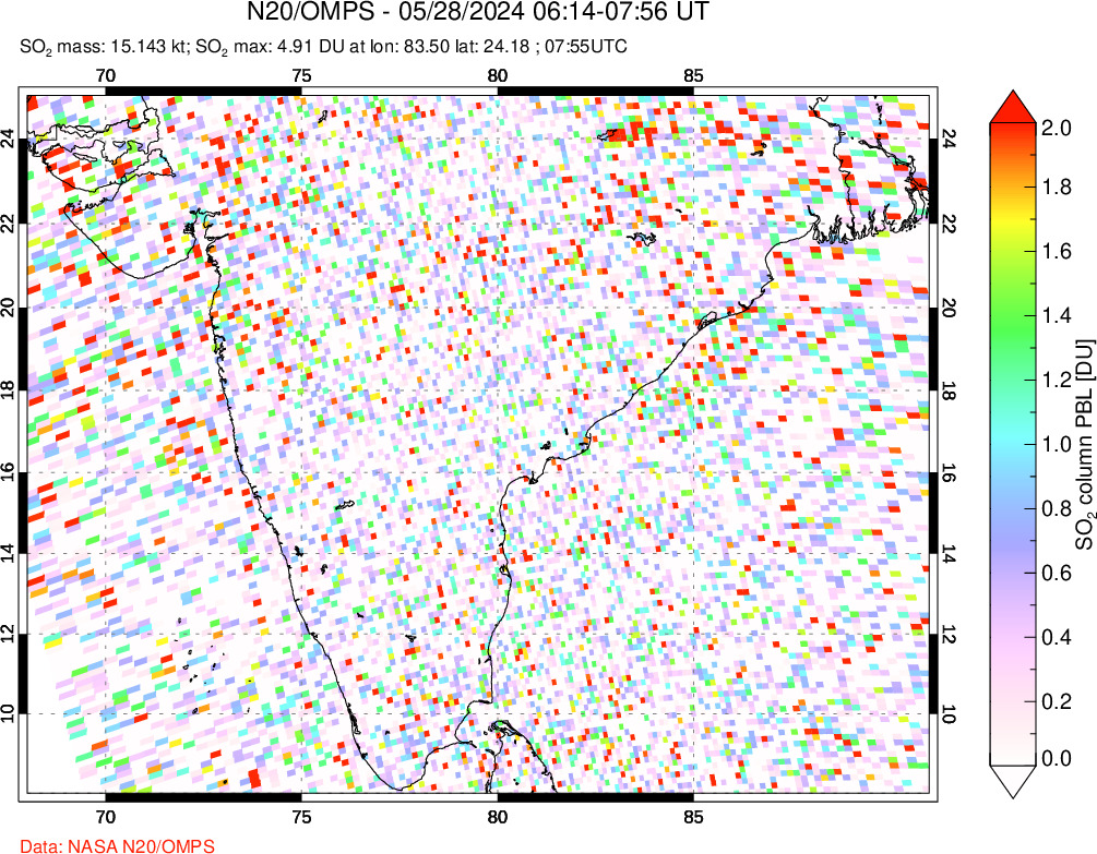 A sulfur dioxide image over India on May 28, 2024.