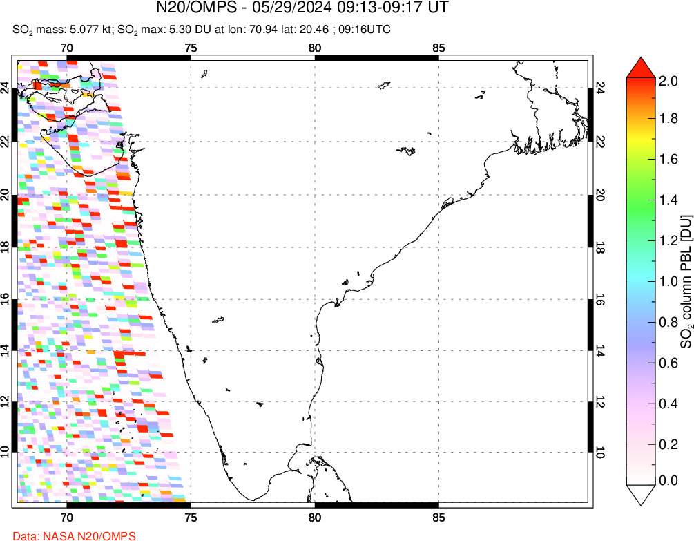 A sulfur dioxide image over India on May 29, 2024.