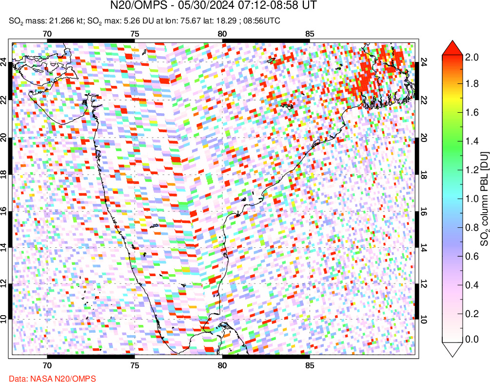 A sulfur dioxide image over India on May 30, 2024.