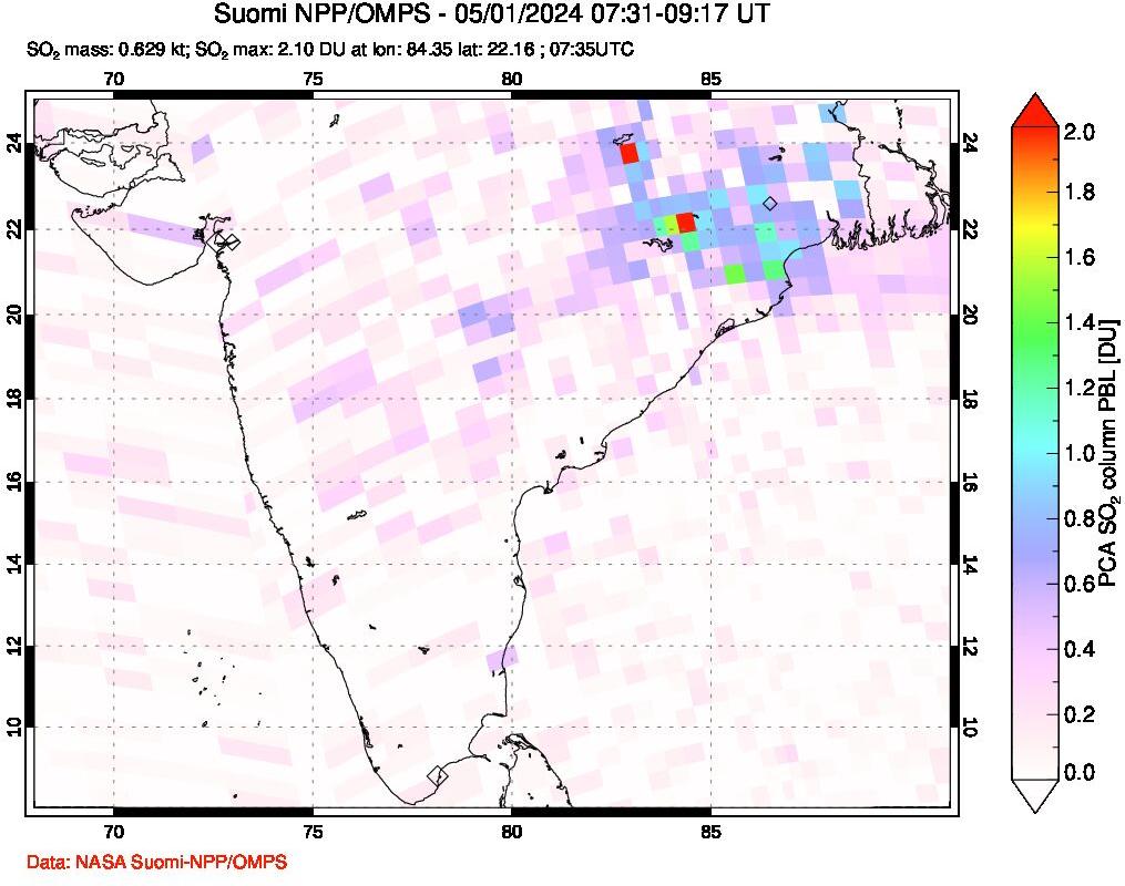 A sulfur dioxide image over India on May 01, 2024.