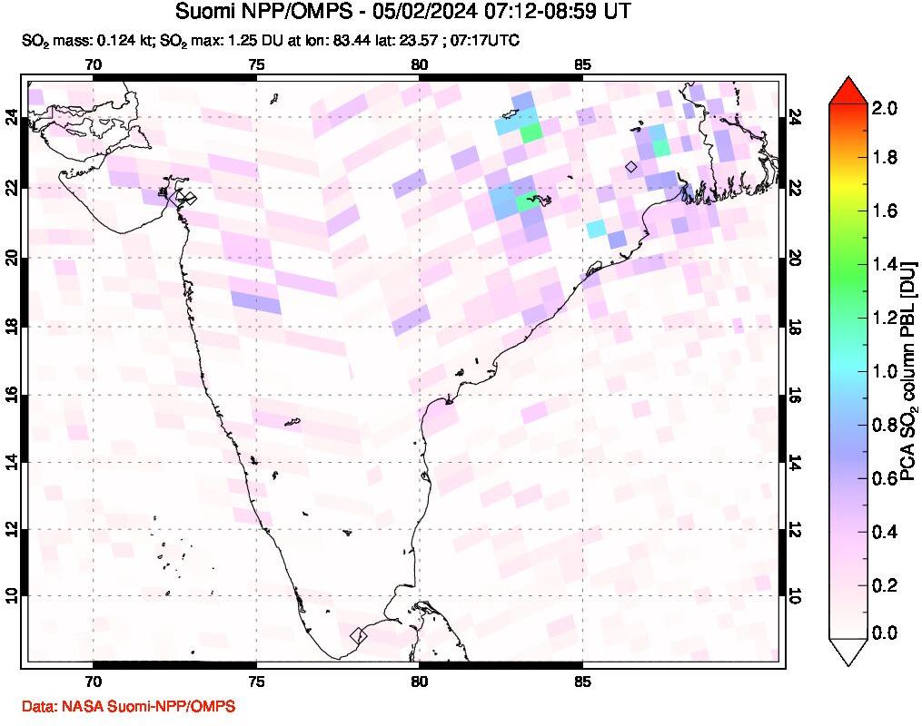 A sulfur dioxide image over India on May 02, 2024.